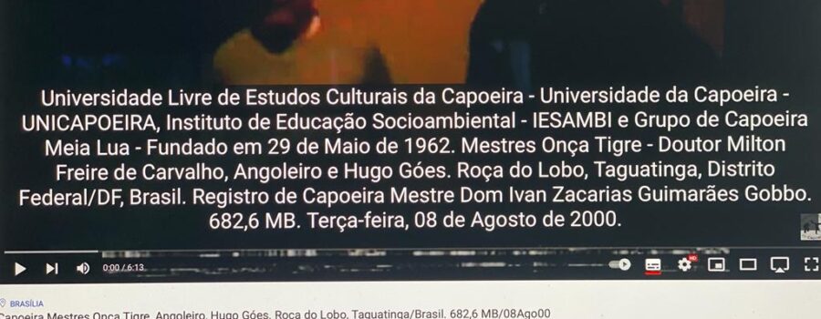 Universidade Livre de Estudos Culturais da Capoeira - Universidade da Capoeira - UNICAPOEIRA, Instituto de Educação Socioambiental - IESAMBI e Grupo de Capoeira Meia Lua - Fundado em 29 de Maio de 1962. Mestres Onça Tigre - Doutor Milton Freire de Carvalho, Angoleiro e Hugo Góes. Roça do Lobo, Taguatinga, Distrito Federal/DF, Brasil. Registro de Capoeira Mestre Dom Ivan Zacarias Guimarães Gobbo. 682,6 MB. Terça-feira, 08 de Agosto de 2000.