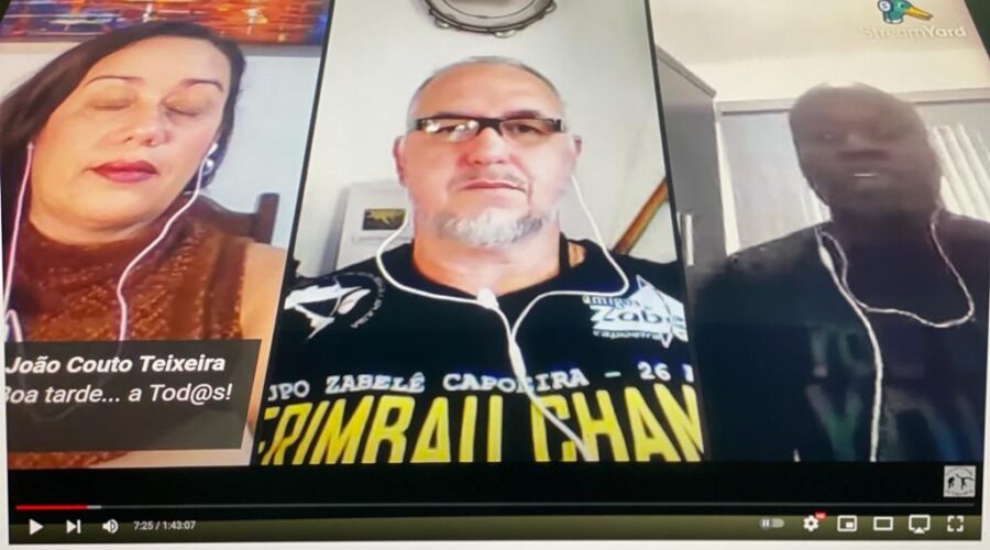 Debate Virtual: Capoeira Mestres Paradinha - Escritor Jefferson Gomes Nogueira - MG e Mônica Beltrão - PE, Mediados por Marko Negão - Marco Antônio Clemente do Nascimento. Associação Brasileira de Professores de Capoeira - ABPC. Universidade Livre de Estudos Culturais da Capoeira - Universidade da Capoeira - UNICAPOEIRA, Grupo de Capoeira Meia Lua - Fundado em 29 de Maio de 1962 e Instituto de Educação Socioambiental - IESAMBI. Sala de Entrar, Tigüera 360, Juiz de Fora, Minas Gerais/MG, Brasil. Registro de Capoeira Mestre Polêmico - Professor João Couto Teixeira. IMG_9120. 6,8 GB. 16h00. Sábado, 26 de junho de 2021.