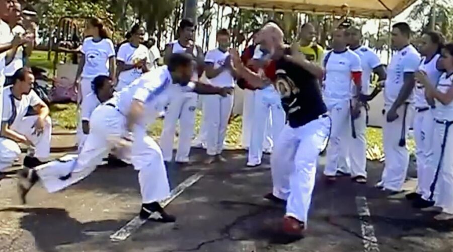 Capoeira no Zôo de Brasília: Praça Mestre Onça Tigre - Doutor Milton Freire de Carvalho. Capoeira Mestres Dom Ivan Zacarias Guimarães Gobbo e Baleado - Risomar Torres Arruda. Distrito Federal/DF, Brasil. Registro de Capoeira Mestre Polêmico - Professor João Couto Teixeira. 2,56 GB. 15h39. Segunda-feira, 04 de maio de 2015. 08. avi.