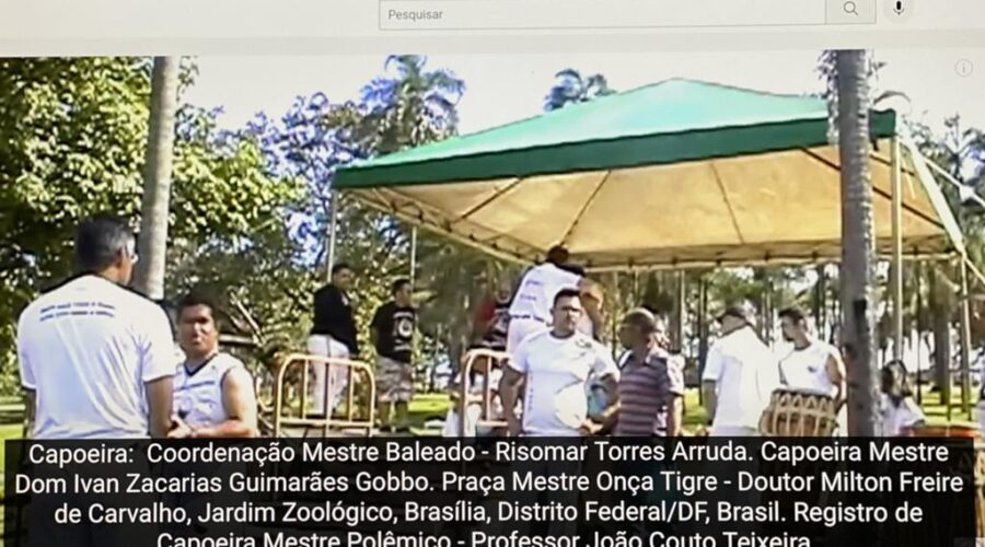 Capoeira: Coordenação Mestre Baleado - Risomar Torres Arruda. Capoeira Mestre Dom Ivan Zacarias Guimarães Gobbo. Praça Mestre Onça Tigre - Doutor Milton Freire de Carvalho, Jardim Zoológico, Brasília, Distrito Federal/DF, Brasil. Registro de Capoeira Mestre Polêmico - Professor João Couto Teixeira. eg. MDIZGG. 623,9 MB. Quarta-feira, 07 de Março de 2012. HD 720p.