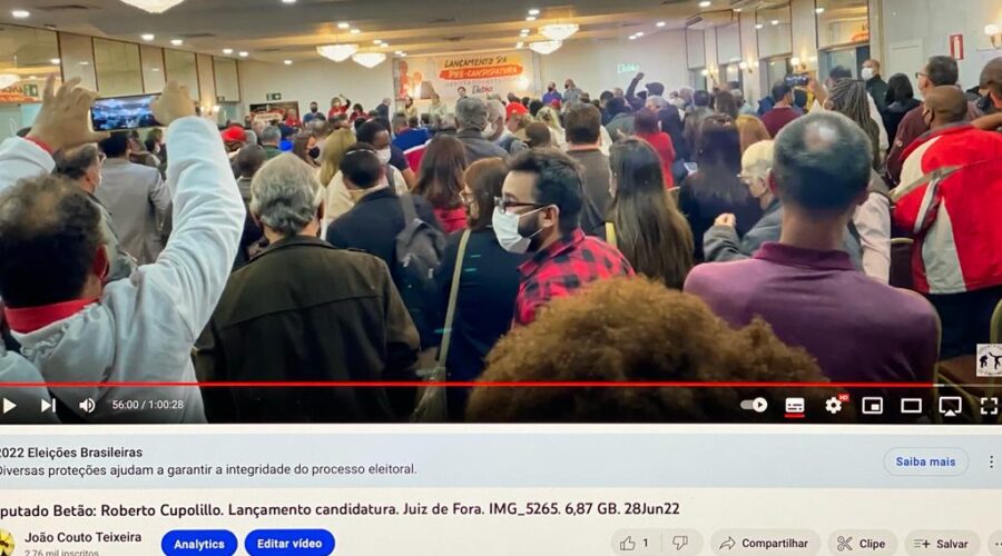 Universidade Livre de Estudos Culturais da Capoeira - Universidade da Capoeira - UNICAPOEIRA, Associação de Capoeira - ASCA, Instituto de Educação Socioambiental - IESAMBI e Grupo de Capoeira Meia Lua - Fundado em 29 de Maio de 1962. Deputado Betão - Roberto Cupolillo. Lançamento da Pré-candidatura. Ritz Plaza Hotel, Bairro Centro, Juiz de Fora, Minas Gerais/MG, Brasil. Registro de Capoeira Estrela Dalva - Artista Plástica e Cineasta Salete Libardoni. IMG_5265. 6,87 GB. 19h48. Terça-feira, 28 de Junho de 2022. HD 1080p.