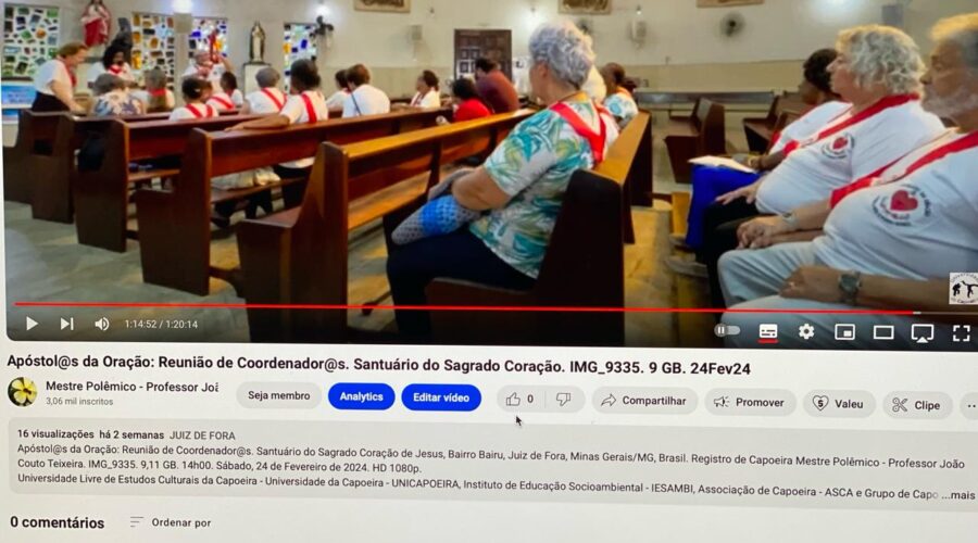 Apóstol@s da Oração: Reunião de Coordenador@s. Santuário do Sagrado Coração de Jesus, Bairro Bairu, Juiz de Fora, Minas Gerais/MG, Brasil. Registro de Capoeira Mestre Polêmico - Professor João Couto Teixeira. IMG_9335. 9,11 GB. 14h00. Sábado, 24 de Fevereiro de 2024. HD 1080p. Universidade Livre de Estudos Culturais da Capoeira - Universidade da Capoeira - UNICAPOEIRA, Instituto de Educação Socioambiental - IESAMBI, Associação de Capoeira - ASCA e Grupo de Capoeira MEIA LUA - Fundado Terça-feira, 29 de Maio de 1962. Seja membro deste canal e ganhe benefícios: https://www.youtube.com/channel/UCE6HrA5Y_VZ4-hgw8FG13aw/join