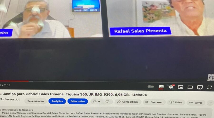 Programa Resistir Sempre - Paulo Cesar Ribeiro: Justiça para Gabriel Sales Pimenta, com Rafael Sales Pimenta - Presidente da Fundação Gabriel Pimenta dos Direitos Humanos. Sala de Entrar, Tigüéra 360, Juiz de Fora, Minas Gerais/MG, Brasil. Registro de Capoeira Mestre Polêmico - Professor João Couto Teixeira. IMG_9390/1555. 6,96 GB. 20h12. Quinta-feira, 14 de Março de 2024. HD 1080p. Universidade Livre de Estudos Culturais da Capoeira - Universidade da Capoeira - UNICAPOEIRA, Instituto de Educação Socioambiental - IESAMBI, Associação de Capoeira - ASCA e Grupo de Capoeira MEIA LUA - Fundado Terça-feira, 29 de Maio de 1962. Seja membro deste canal e ganhe benefícios: https://www.youtube.com/channel/UCE6HrA5Y_VZ4-hgw8FG13aw/join